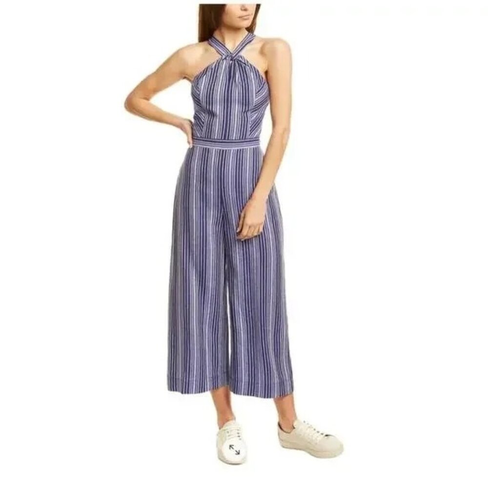 Parker Size 4 Channing Linen Blue Dungaree Stripe Halter Cropped Jumpsuit